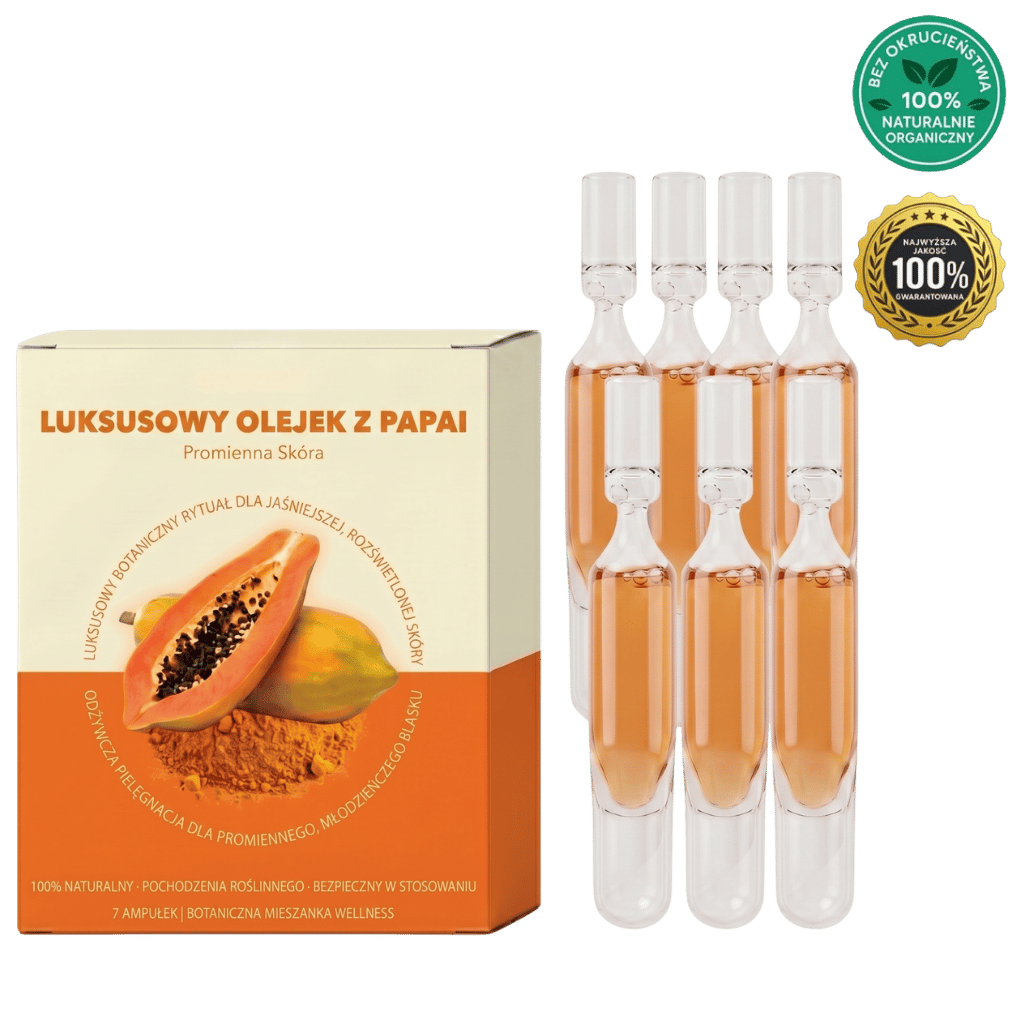 Luksusowy Olejek z Papai - zestaw 7 ampułek, naturalny produkt do pielęgnacji skóry dla promiennego blasku.