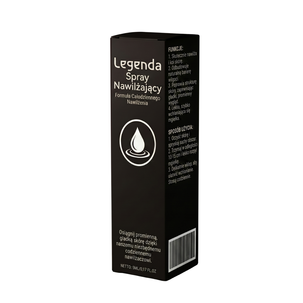 Legenda Spray Nawilżający w eleganckim opakowaniu zapewnia nawilżenie skóry w codziennej rutynie pielęgnacyjnej.