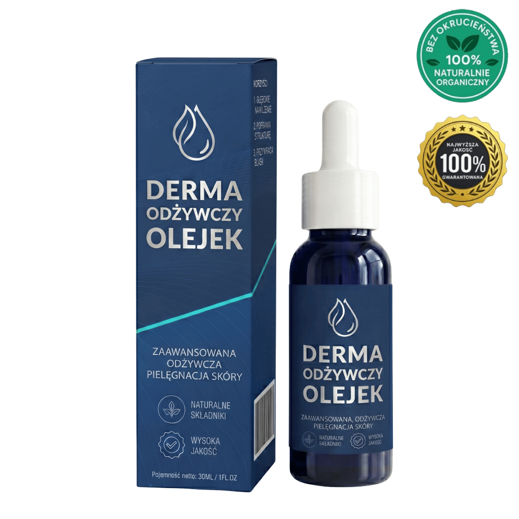 Derma Odżywczy Olejek w butelce z pipetą, opakowanie z informacjami o naturalnych składnikach i jakości.