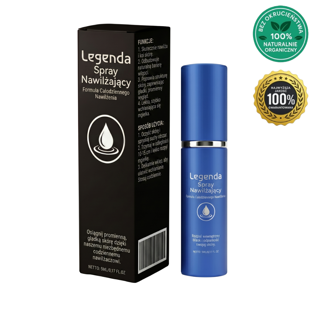 Legenda Spray Nawilżający w niebieskiej butelce z czarnym opakowaniem, zapewniający nawilżenie skóry 100% naturalny.