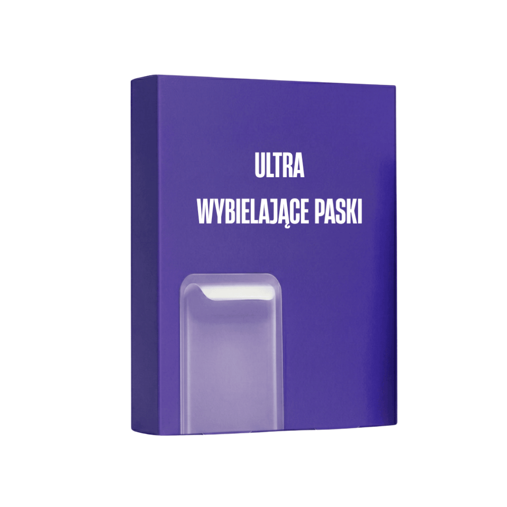 Ultra wybielające paski opakowanie produktu do wybielania zębów, efektowny design, fioletowe tło.