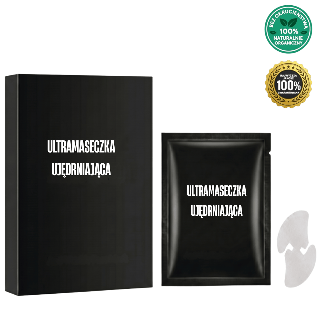 Opakowanie Ultramaseczka ujędrniająca z maseczką w płachcie na tle naturalnego certyfikatu.