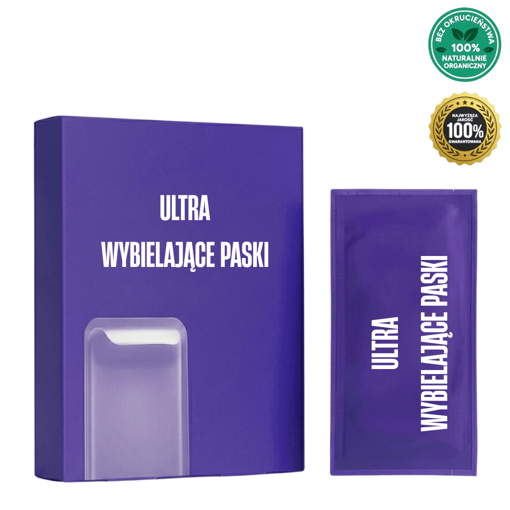 Opakowanie ultra wybielających pasków z opisem i nagrodą za naturalne składniki.