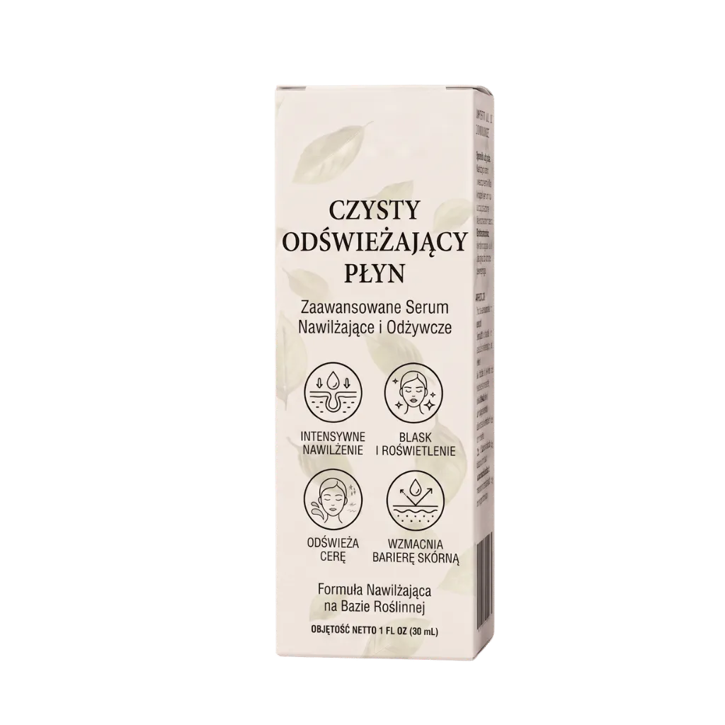 Czysty Odświeżający Płyn w opakowaniu, zaawansowane serum nawilżające i odżywcze do pielęgnacji skóry