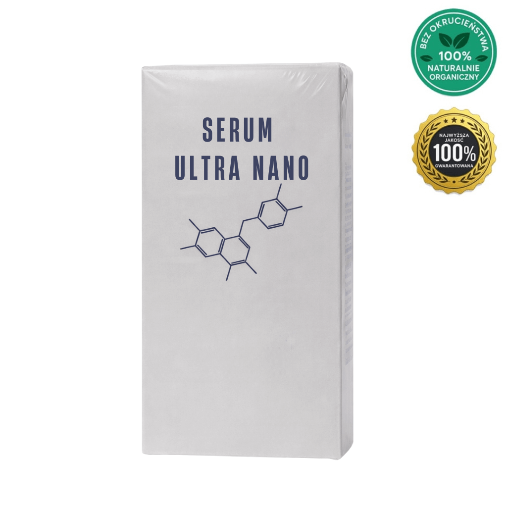 Serum Ultra Nano packaging showcasing its advanced skincare formula and organic certifications.