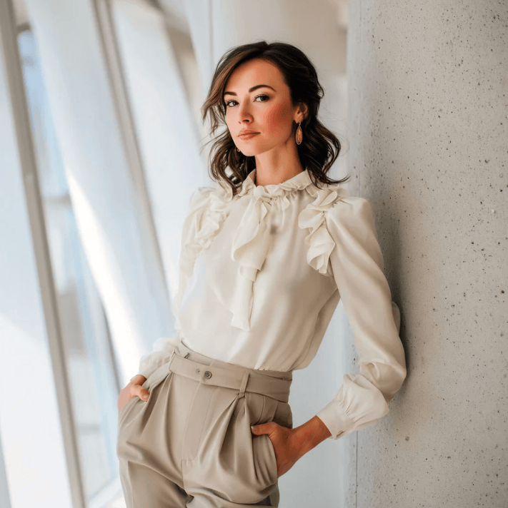 Stylowa kobieta w eleganckiej białej bluzce z falbanami i beżowych spodniach, pozująca na tle okna.