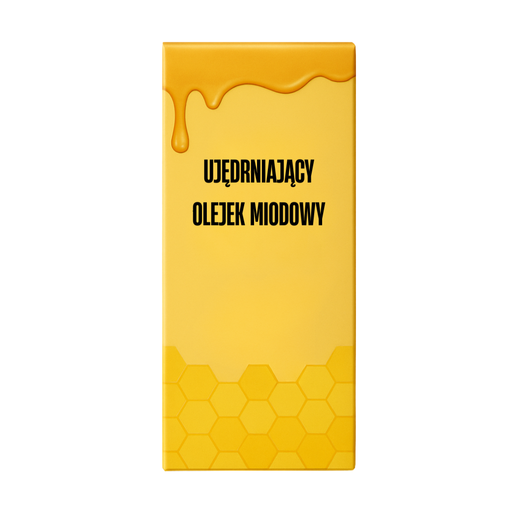 Ujędrniający Olejek Miodowy - opakowanie z logo i wzorem komórek pszczelich, służy do pielęgnacji skóry.