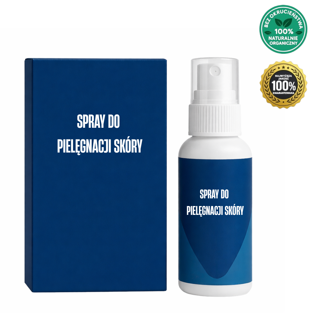 Spray do pielęgnacji skóry w butelce z niebieską etykietą obok pudełka.