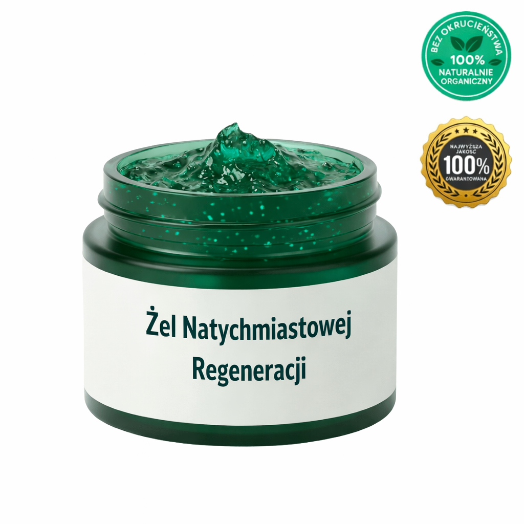Żel Natychmiastowej Regeneracji w zielonym słoiczku z logo naturalnych składników.