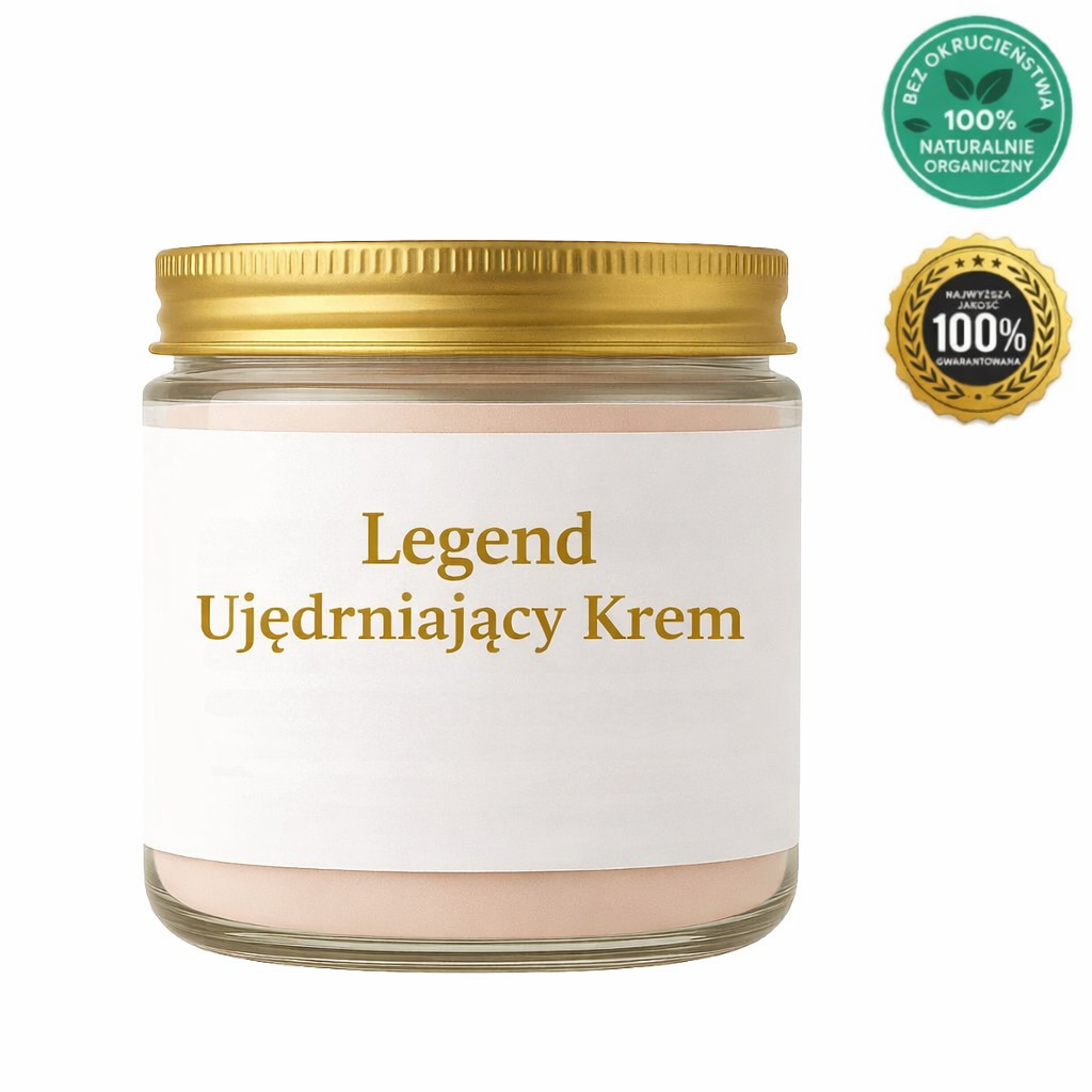 Legend Ujędrniający Krem w słoiku z złotą nakrętką, idealny do gładkiej i miękkiej pielęgnacji skóry.