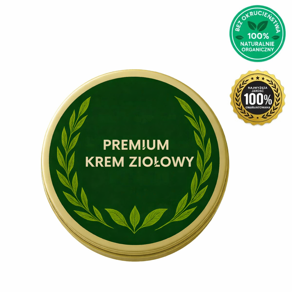 Premium Krem Ziołowy w zielonym opakowaniu z certyfikatem 100% naturalnych składników.