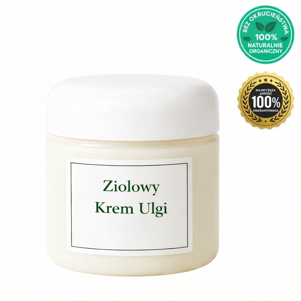 Ziołowy Krem Ulgi w pojemniku kosmetycznym, naturalny krem do pielęgnacji skóry.