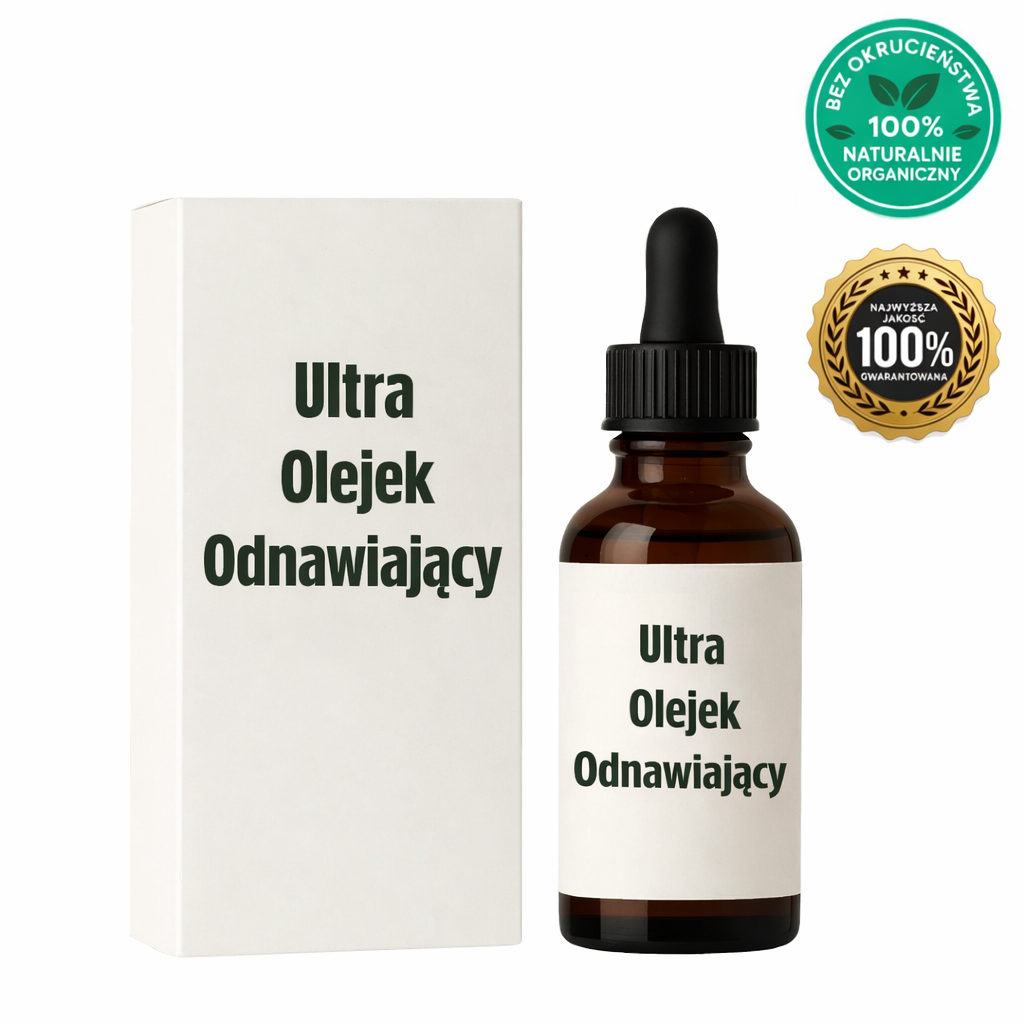 Butelka z Ultra Olejek Odnawiający w opakowaniu, naturalny olejek do pielęgnacji twarzy i ciała.