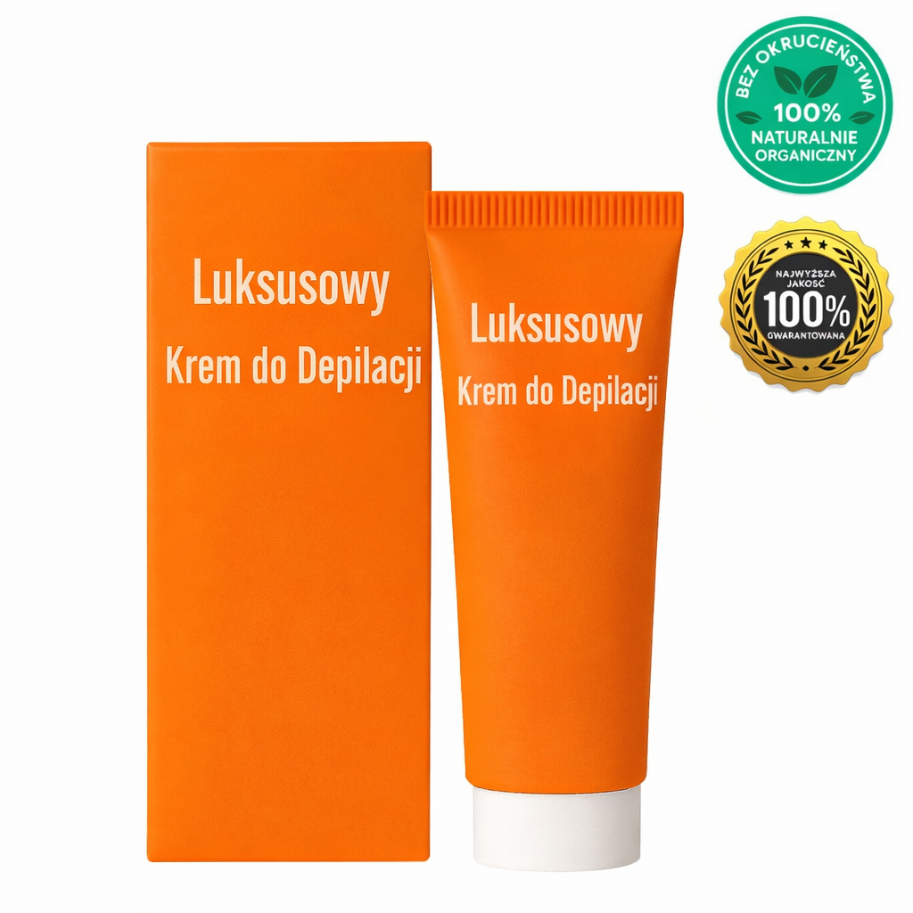 Luksusowy Krem do Depilacji w pomarańczowej tubce z opakowaniem, naturalny i skuteczny produkt kosmetyczny.