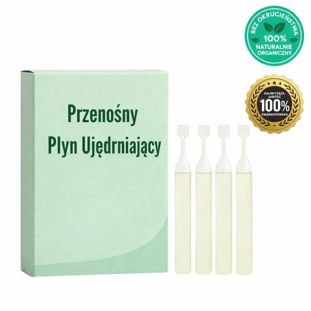 Opakowanie Przenośny Płyn Ujędrniający z czterema ampułkami, 100% naturalny i organiczny.