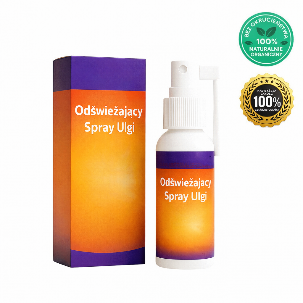 Odświeżający Spray Ulgi w butelce z opakowaniem, idealny do pielęgnacji skóry, naturalny i organiczny.