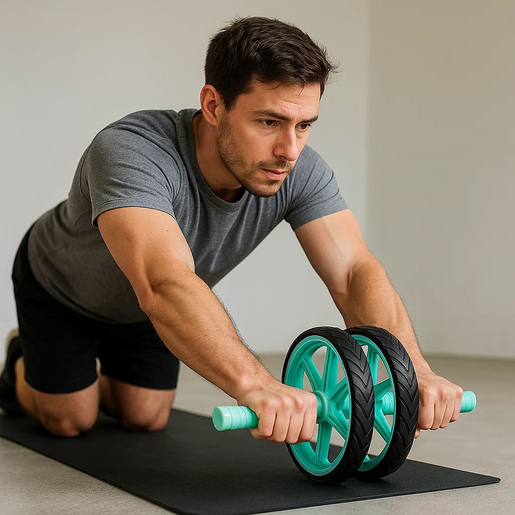 Mężczyzna wykonujący ćwiczenia z Białą Rzeźbą Rdzenia na macie do ćwiczeń, intensywnie wzmacniając mięśnie brzucha.