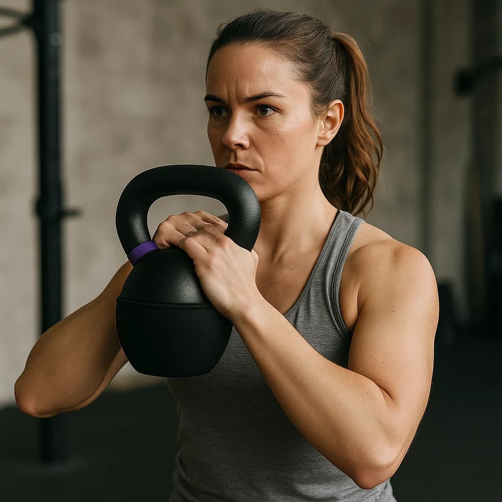 Kobieta trenująca z Biała Siłobell, nowoczesnym kettlebellem do siłowego treningu w ergonomicznej konstrukcji.