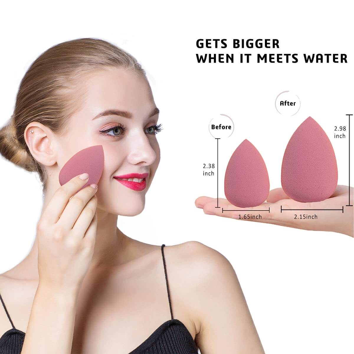 Biala – Zestaw Gąbek do Makijażu Beauty Blender, porównanie rozmiarów gąbek przed i po nawilżeniu