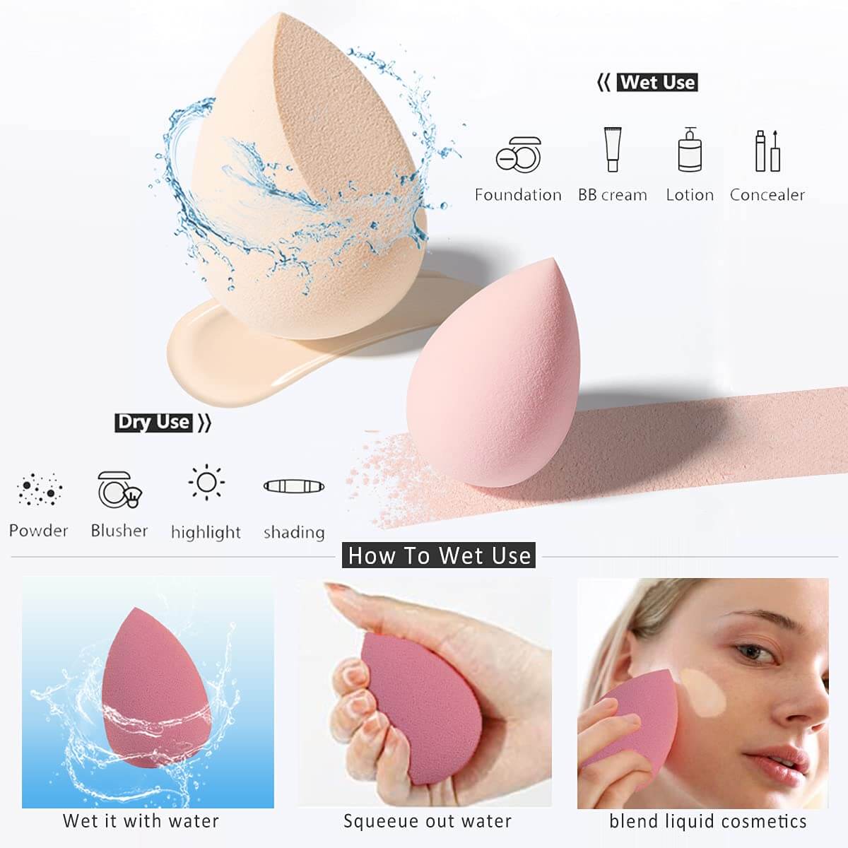 Biala – Zestaw Gąbek do Makijażu Beauty Blender, instrukcja użycia gąbek do nakładania makijażu, w tym wskazówki na sucho i mokro.