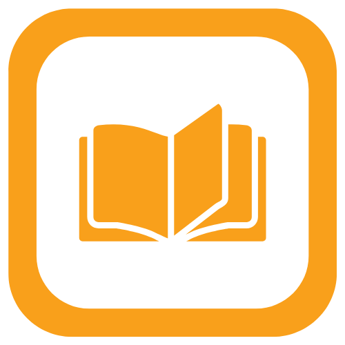 Ikona Darmowy Ebook Ultimate z otwartą książką w pomarańczowej ramce.