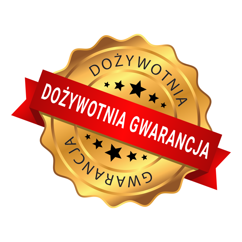Złota pieczęć z napisem Dożywotnia Gwarancja na czerwonej wstędze jako symbol gwarancji.