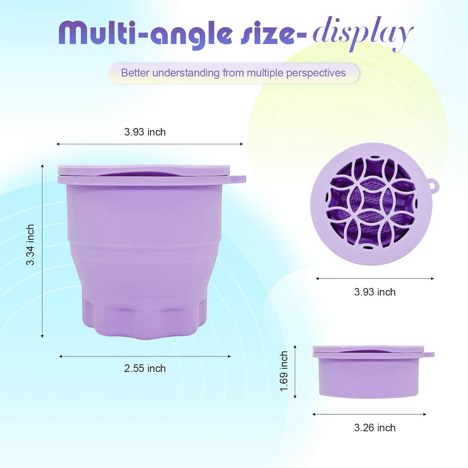 Multi-angle size display of a purple silicone container, showcasing dimensions: 3.93 x 3.34 inches and 2.55 inches height.