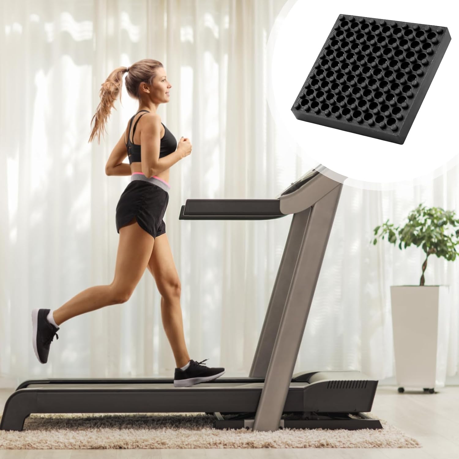 Biala VibroFit Base platforma wibracyjna z osobą ćwiczącą na bieżni w domowym środowisku.